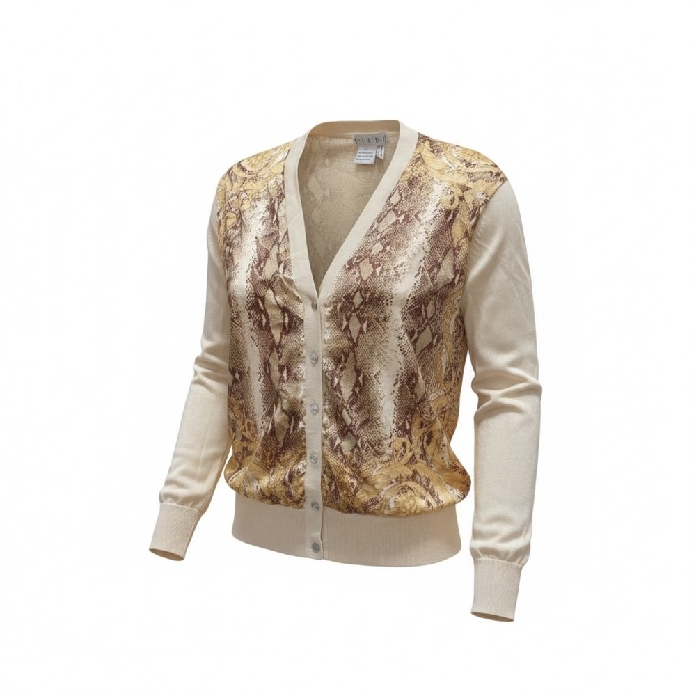 PIANO Silk Cardigan Vtg Women Large Cream Snakeskin V-Neck‎ Old Money Mob Wife